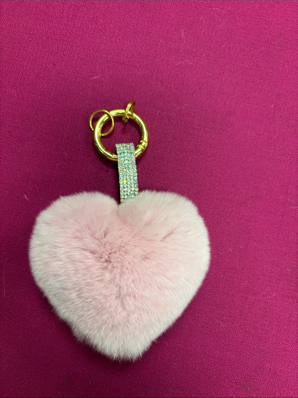 VAKA Gold Ring Pink Heart Fur Keychain with Rhinestone Strap W/O Tag